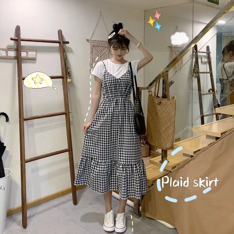 long dress jump suit tartan wanita korean style terbaru Shop