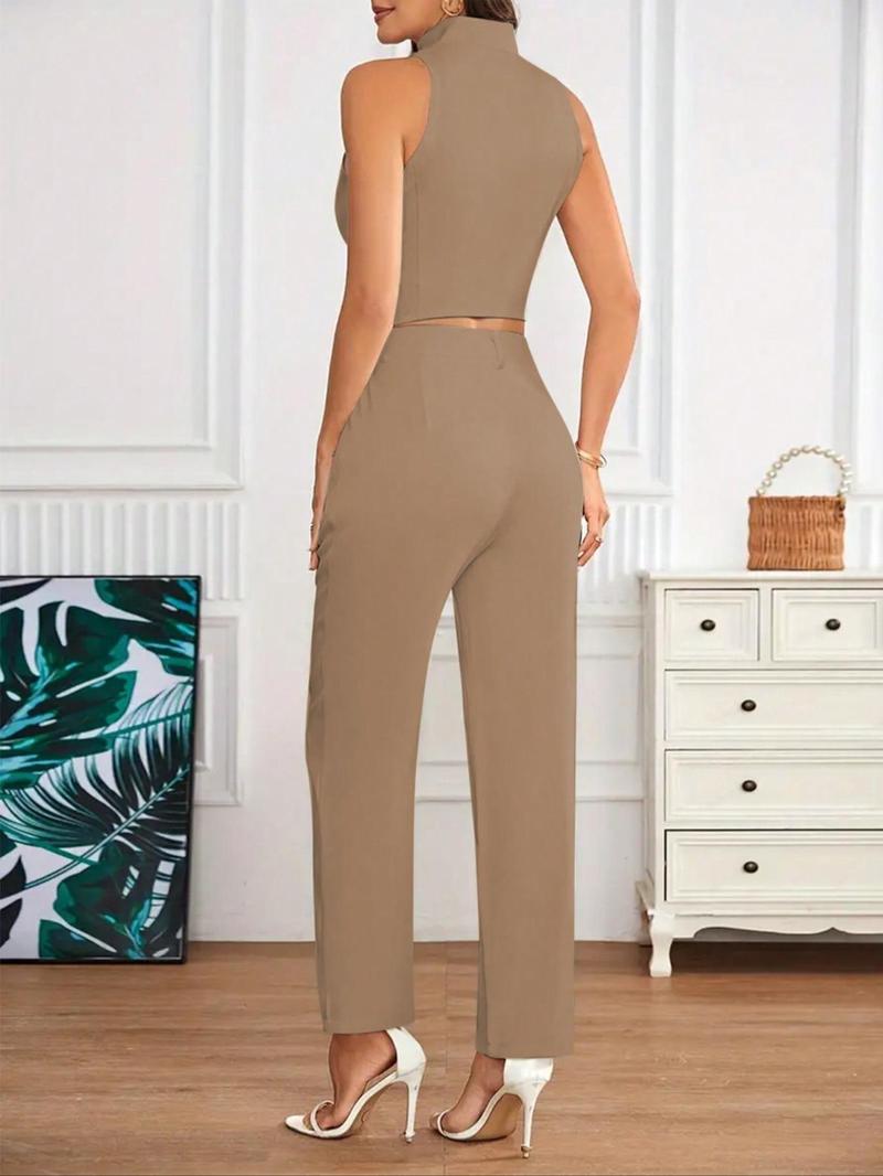Product Introduction of Women's Solid Button Front Vest Top & Pocket Pants Two-piece Set, Casual Sleeveless V Neck Vest & Trousers for Spring & Fall, Women's Clothes for Daily Wear 6