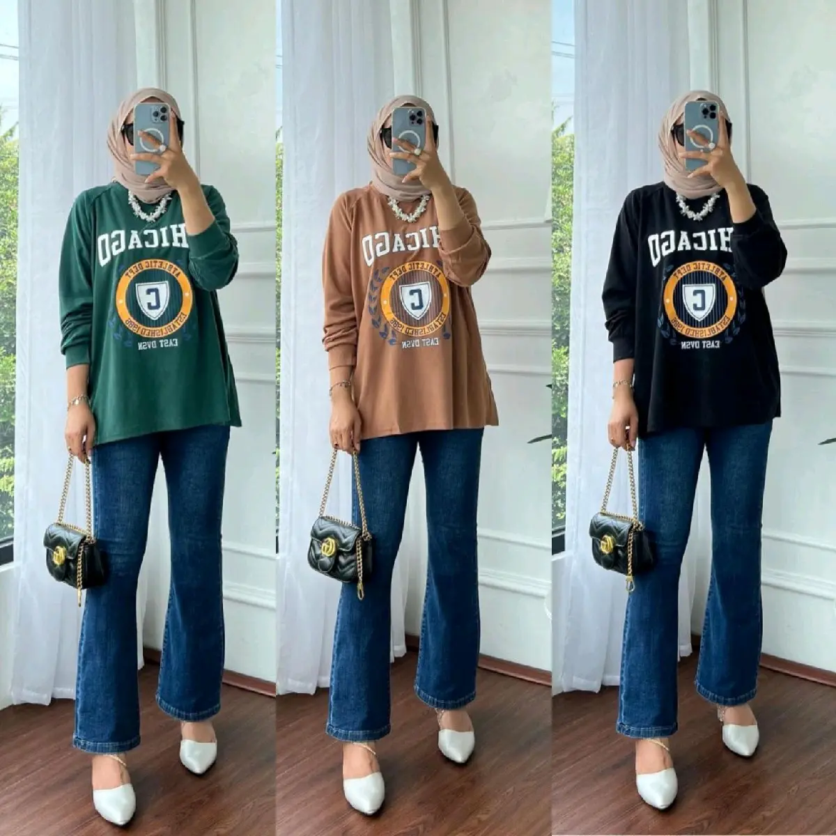 Kaos Chicago Oversize Baju Santai Nyaman Panjang Wanita Atasan Polos