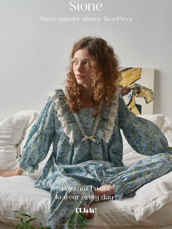 Bộ ngủ pijama nữ Ullala xuân hè Sione Women Cotton cổ tròn 5