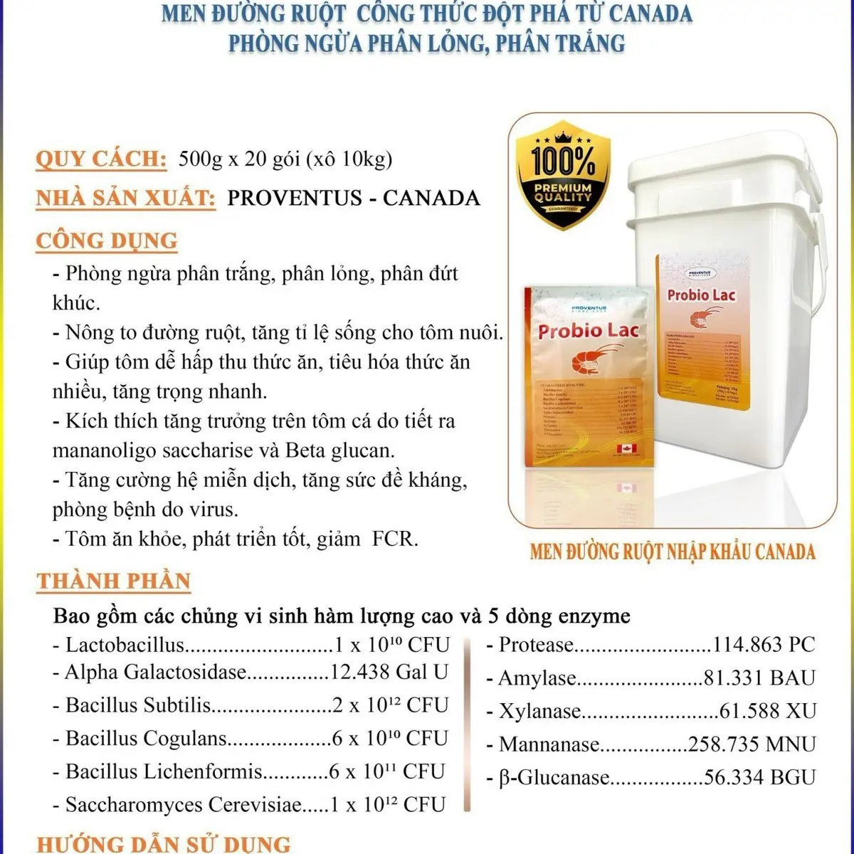 Men tiêu hoá dòng hàm lượng mật độ vi sinh cao nhập khẩu pro biolac, ruột to lợi khuẩn ngăn ngừa phân trắng trên tôm thẻ chân trắng