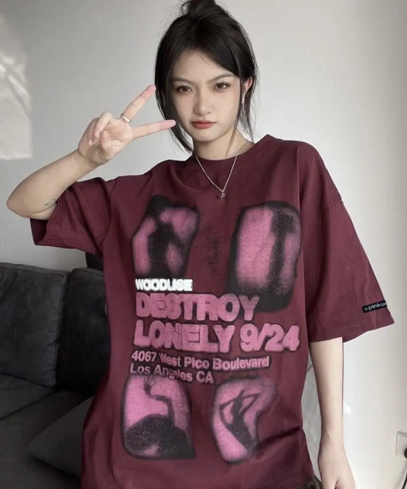 Áo thun phông logo tay nam nữ PINK tay lỡ form rộng LONELY Unisex Top Cổ Tròn Cotton Đen Women Women