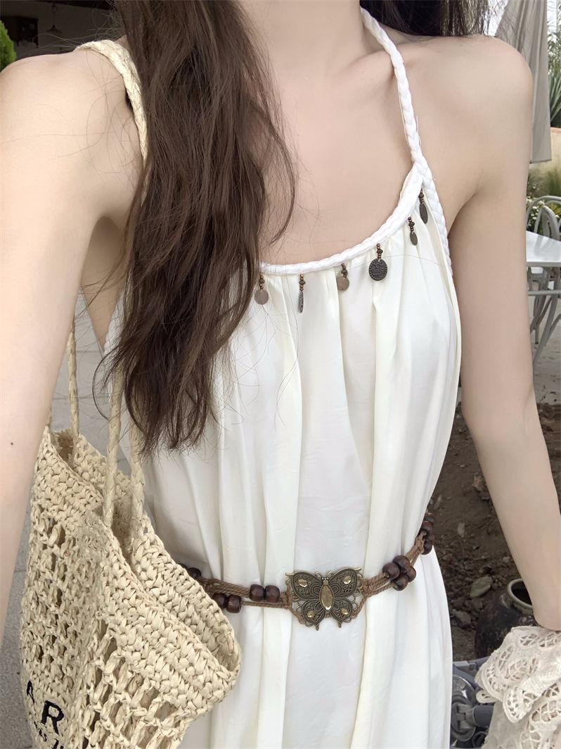 Product Introduction of Simia Hollow Suspender Dress Tassel Long Dress Two-piece Set Sunscreen Cardigan Mori 13