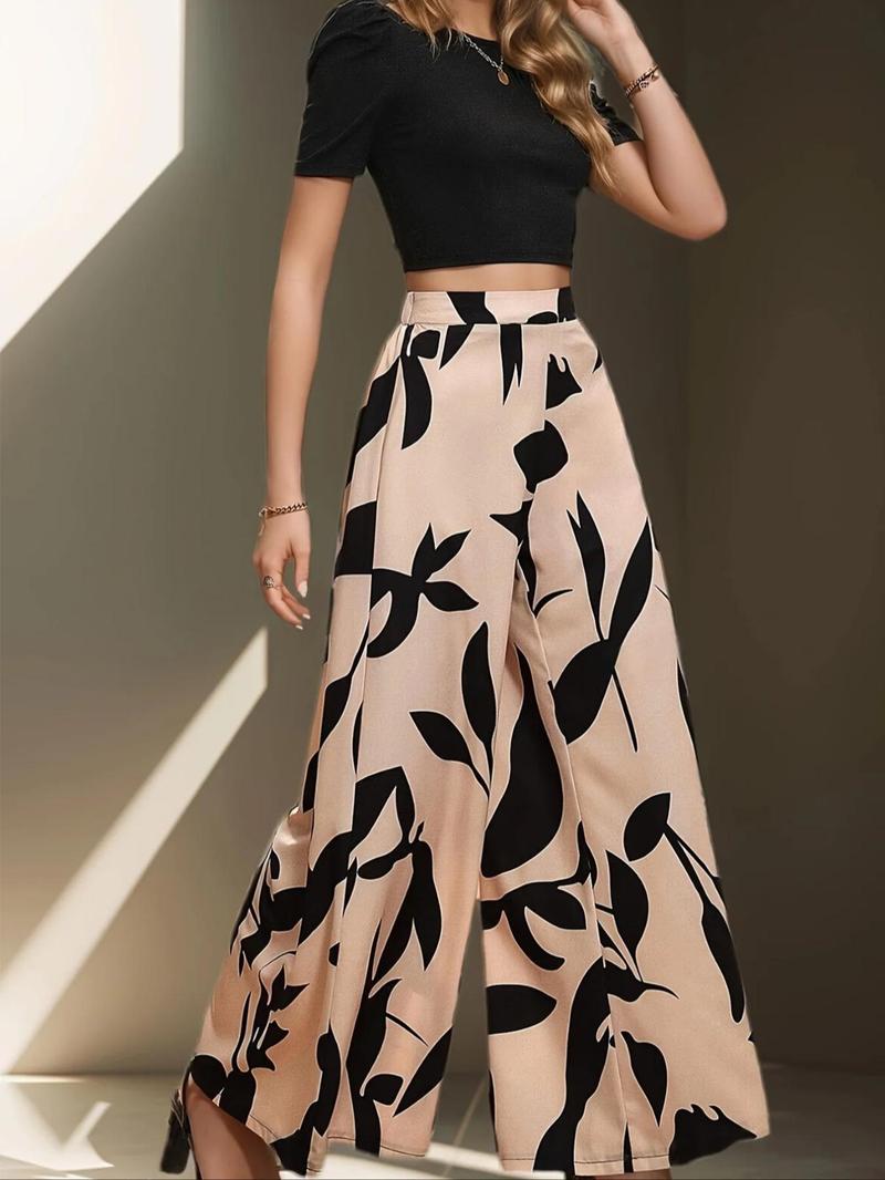 Product Introduction of Women's Leaf Print Elastic Waist Wide Leg Pants, Elegant High Waist Trousers for Summer, Women's Bottoms for Daily Wear 5