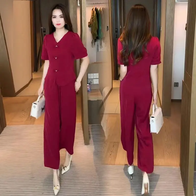 Bộ Đồ Lụa Lạnh Thời Trang Phong Cách Trung Quốc Mới, Dành Cho Nữ, Bộ Hai Mảnh, Áo ngắn Tay Có Cúc Bó Sát Sành Điệu, Quần Ống Rộng, Thích Hợp Cho Mùa Hè 2025