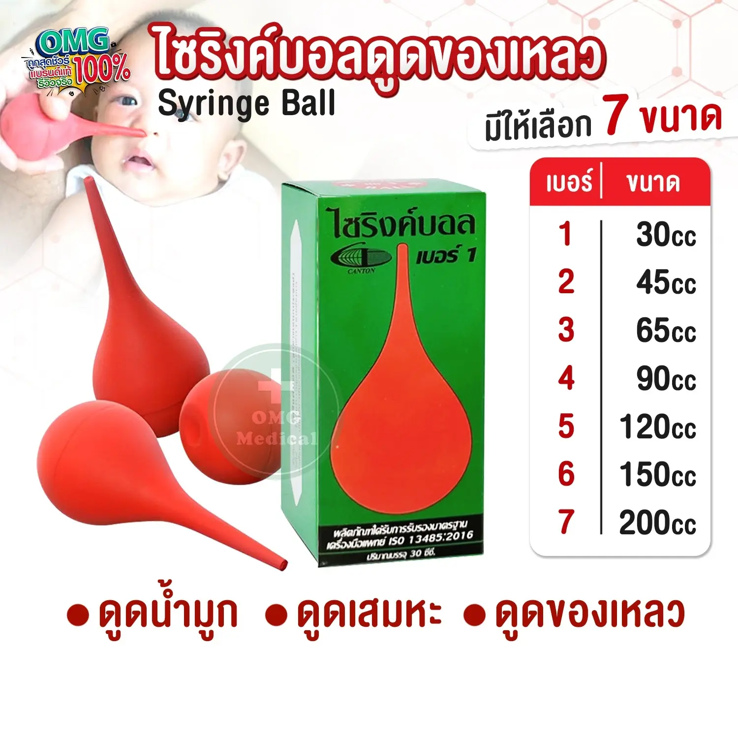 ไซริงค์บอล Syringe Ball ลูกยางอเนกประสงค์ ไซริงค์ลูกยางแดง ลูกยางดูดน้ำมูก ดูดเสมหะ ดูดของเหลว เบอร์ 1 2 3 4 5 6 7