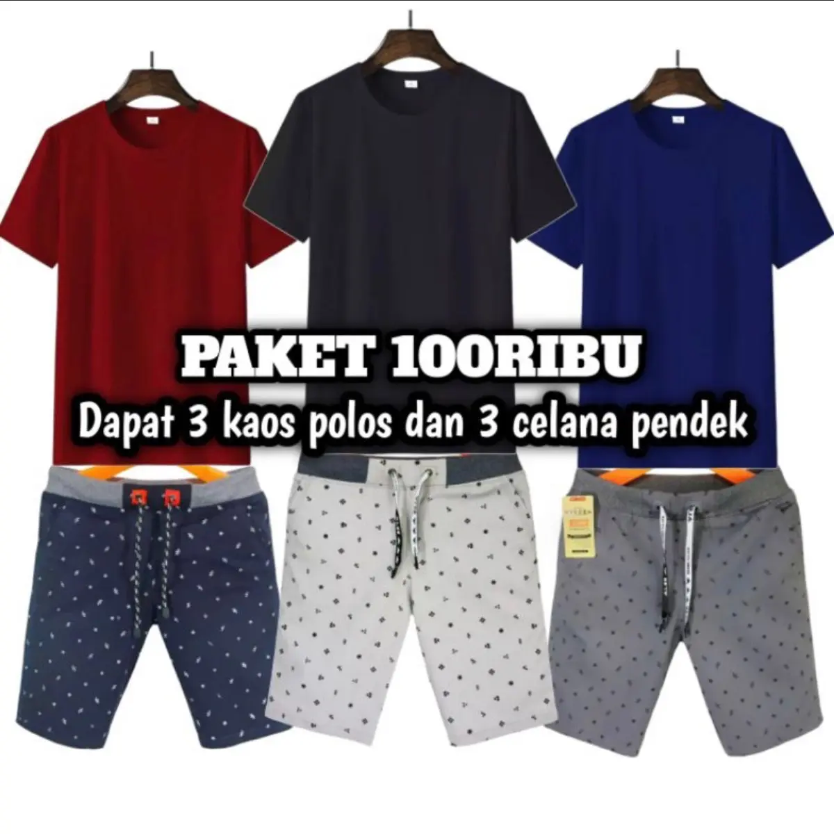PAKET HEMAT 3 KAOS POLOS 3 CELANA MOTIF 100ribu Setelan Pria Pendek