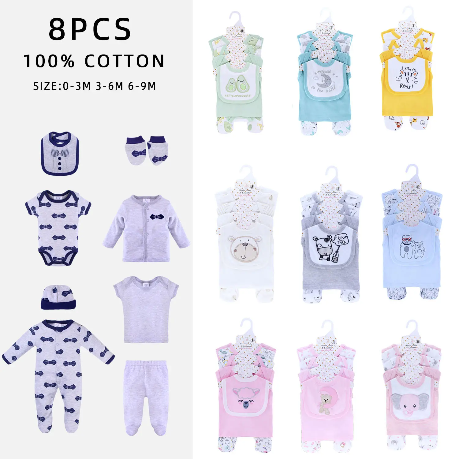 YOURBABYNEEDS Baby Set Karakter 8IN1 Berbahan Katun Adem Kualitas Premium Import Nyaman Digunakan Untuk Anak Laki Laki dan Anak Perempuan Usia Newborn atau Baru Lahir Sampai 9 Bulan Baru Boy Celemek