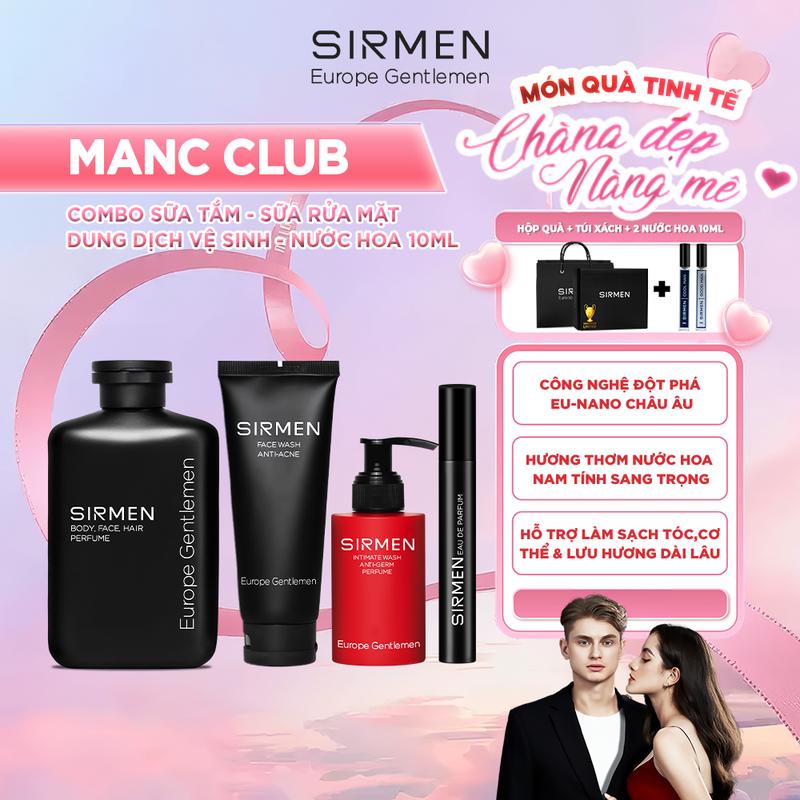 Bộ quà tặng cho nam MANC CLUB - Gồm Sữa tắm gội 4in1, Sữa rửa mặt 2in1, Dung dịch vệ sinh 3in1 và Nước hoa nam Eau de Parfum 10ml hương nước hoa châu Âu SIRMEN | TẶNG TÚI XÁCH & NƯỚC HOA 10ML
