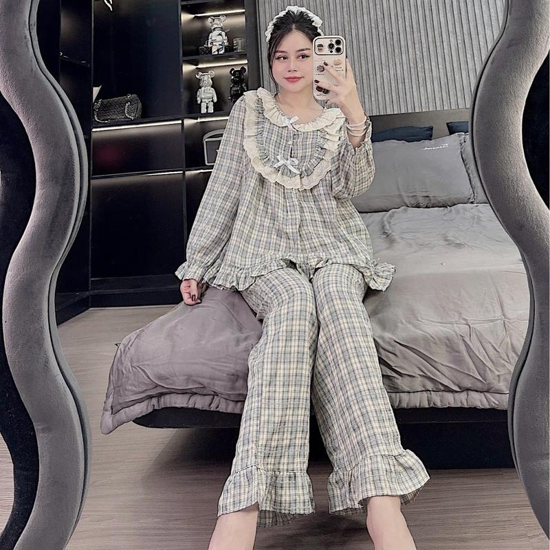 Set Bộ Đồ Nữ BabyDoll Phối Ren Bèo Cổ Yêm Đính Nơ Tiểu Thư, Bộ Quần Áo Dài Tay Mặc Ở Nhà Thiết Kế Thu Đông - K66 Women 0