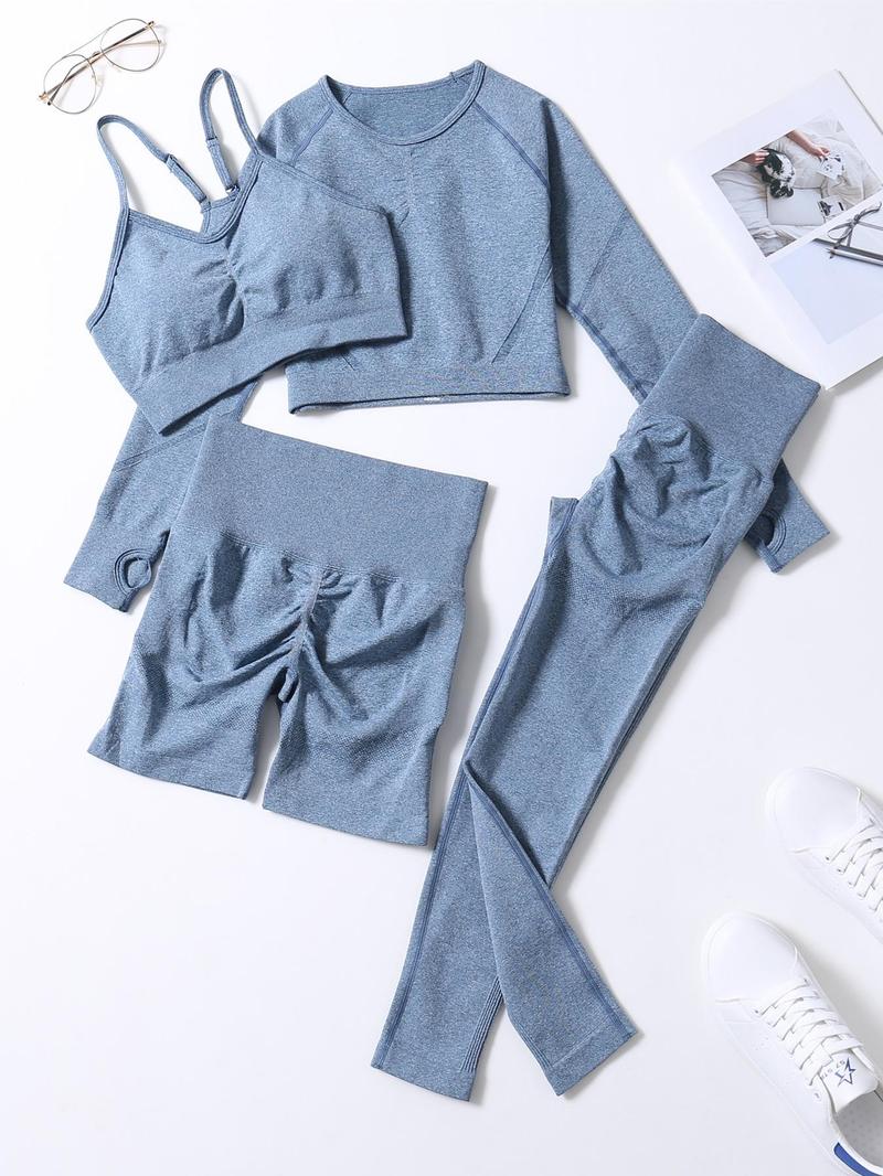 Product Introduction of Women's Solid Sports Bra & High Waist Leggings & Raglan Sleeve Crop Tee & Shorts Tracksuit Set, Sporty Breathable Adjustable Strap Sports Bra & High Stretch Yoga Leggings & Top & Shorts, Ladies Sportswear for Indoor Outdoor Wear, Gym Sets for Women 5