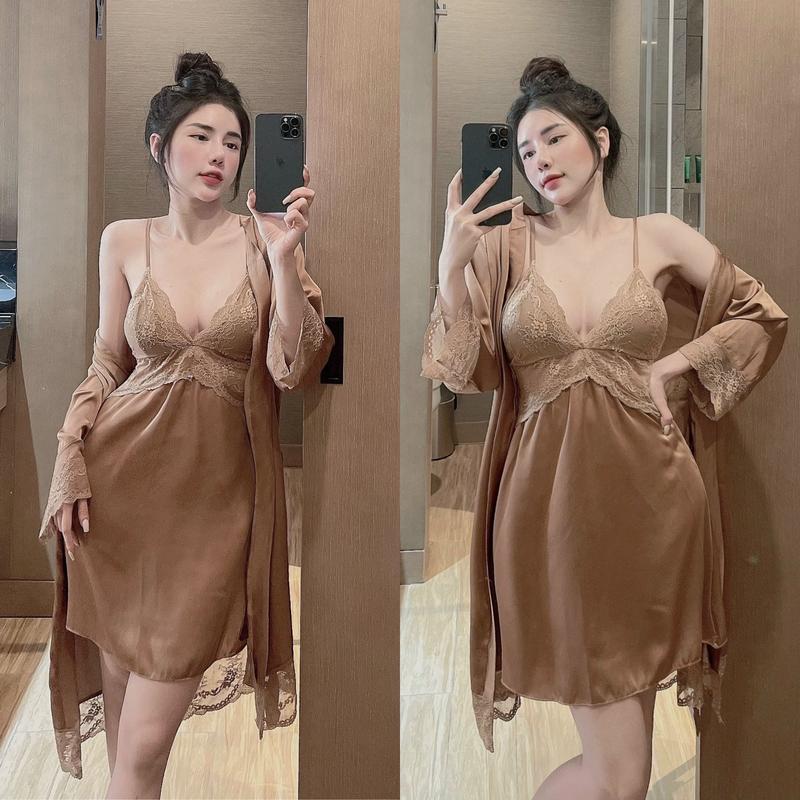 Product Introduction of Váy Ngủ Cao Cấp Áo 2 Dây Kem Áo Choàng Đồ Ngủ Nữ Voi Lụa Mịn Latin Mềm Mát Sang Trọng Quyến Rủ Đầm Ngủ Dress Women Xmas Tết Nho bộ ngủ Sen - HD STORE 13