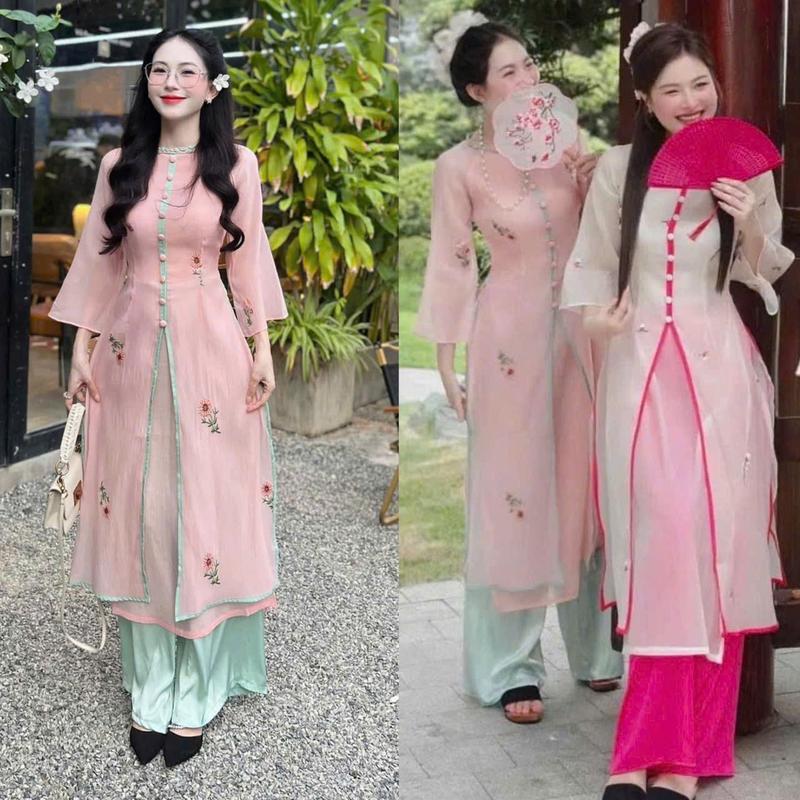 Set Áo Dài Voan Thêu Hoa tay Lỡ Đính Nút Bộc Phối Viền Xẻ Tà Kèm Quần Lụa Dáng Dài Ống Rộng Phù Hợp Mang Vào Dịp Tết Women Top 