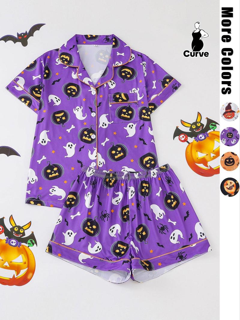 Product Introduction of 【Plus Size】 Two-piece Set Pumpkin & Skull Print Lapel Neck Pocket Shirt & Elastic Waist Shorts Pyjama Set, Halloween Casual Comfy Short Sleeve Button Up Top & Shorts Pj Set, Halloween Pajamas, Christmas Pajamas, Pyjamas for Women 4