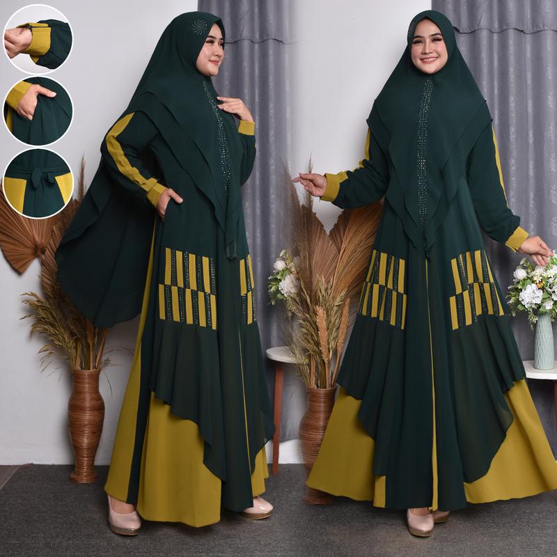 Malmira - Gamis Syari Wanita Muslim Bahan Ceruty Babydoll Set Khimar Dua Layer terbaru Manset Panjang Dress Mewah Ceruti 2