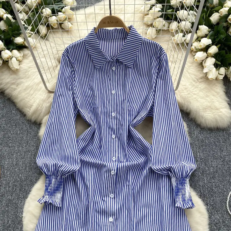 【ready stock】FADFAD Gaun kemeja bergaris yang stylish dan elegan 1