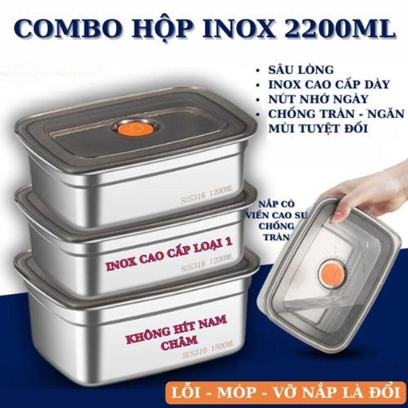  COMBO 3 Hộp 2200ML INOX 304 LOẠI 1 đủ kícḣ cỡ có nắp đậy hút chân không khay đựnġ đồ để tủ lạnh ngăn mùi 21cm x15cm x 8.8cm 