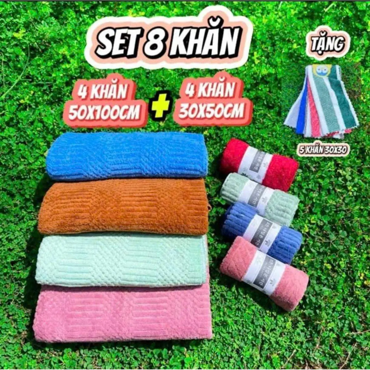 K8/8 - Combo 8 khăn ( 4 khăn tắm  50*100cm + 4 khăn 30*50 cm)  (tặng 5 khăn kt 30*30)  dập nổi, chất bông xuất hàn,mềm mịn thấm hút, không đổi lông không ra màu  Nhà Tắm Khăn Tắm khan  long cuu khang  iare