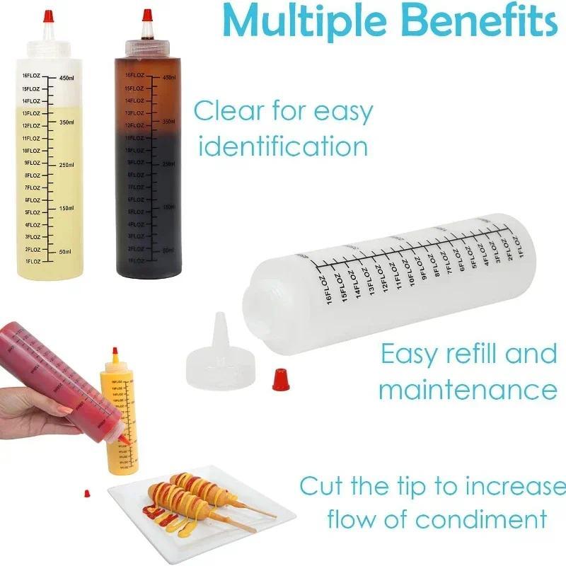 Product Introduction of Sauce Squeeze Bottle Plastic Pointed Salah Dressing Condiment Squeeze Bottles with Red Lid Mustard Dispensers Kitchen Supply 24