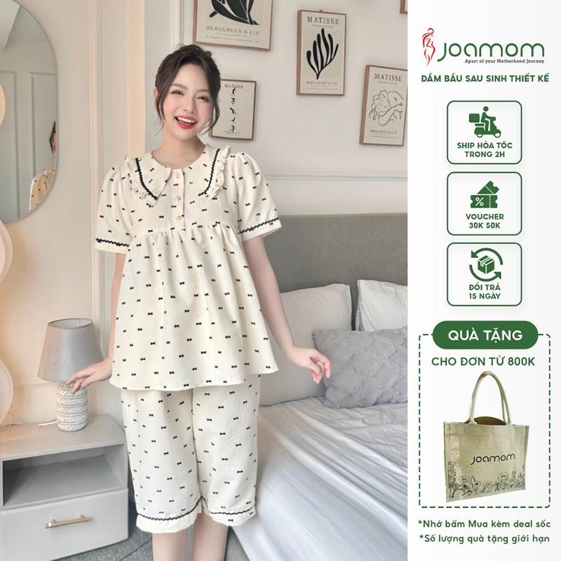 Bộ mặc nhà bầu và sau sinh Joamom thiết kế dáng lửng áo baby doll đũi mát JBB054