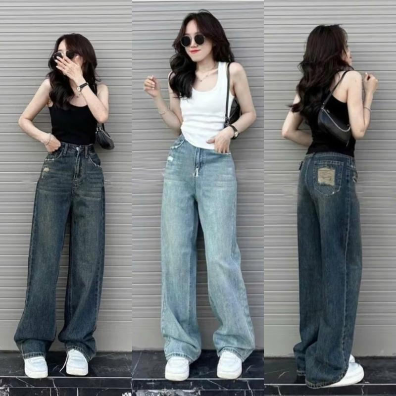 S-XL Quần Jean Suông - Quần Jean Ống Rộng Rách Túi Sau Basic Lưng Cao Ôm Eo QC HYDI Jeans FullSize S M L. Nữ Women Ong Pants quần jean