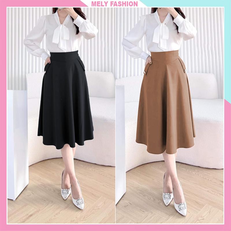 Chân váy xòe dáng dài Midi công sở cạp cao to bản ôm eo nịt bụng túi cúc có BIGSIZE phong cách sang trọng trẻ trung Mely Fashion Đen Nữ Women CV41