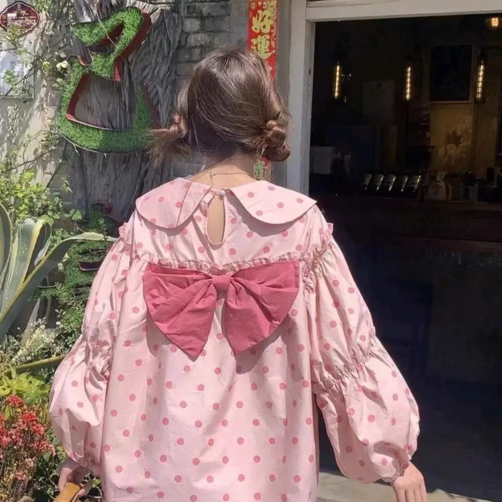 Áo sơ mi chấm bi nơ lưng dáng Baby doll tay phồng Vintage