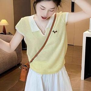 Summer Korean Style Simple Puppy Embroidery Color Block Turn-Down Collar Top for Women Loose Age-Reducing Ice Silk Short Sleeve Knitted Shirt