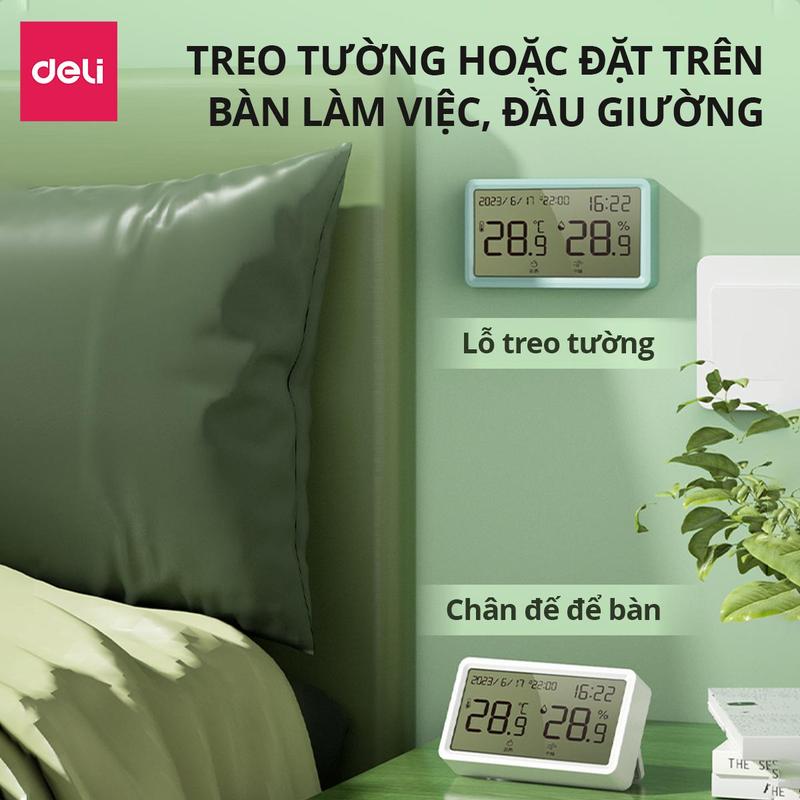 Product Introduction of Nhiệt ẩm kế, nhiệt kế phòng Deli đồng hồ xem giờ có báo thức đo nhiệt độ phòng, cảm biến đo độ ẩm phòng ngủ cho bé chính xác, nhiệt kế cơ và điện tử 4