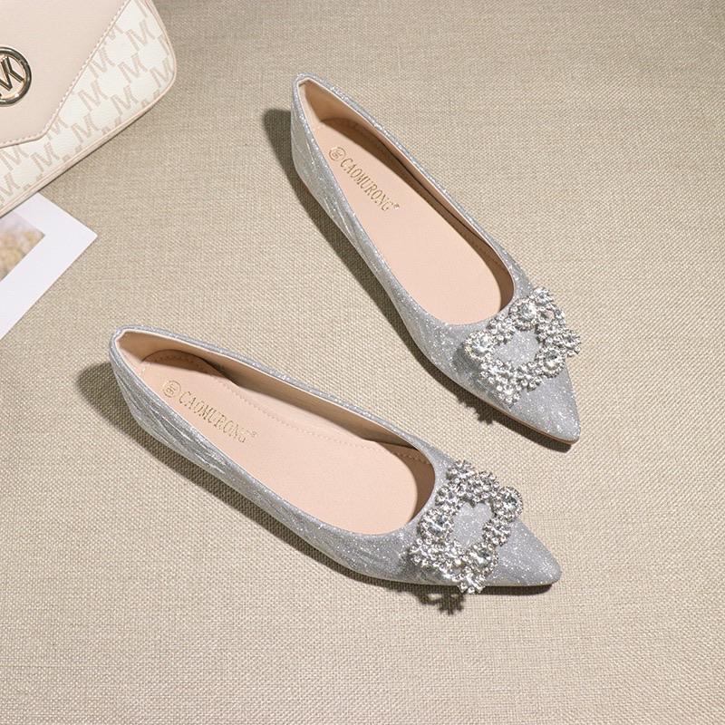  Giày búp bê Khoá Đá VUông chất da kim tuyến mũi nhọn dành cho nàng đi chơi đây ạ 