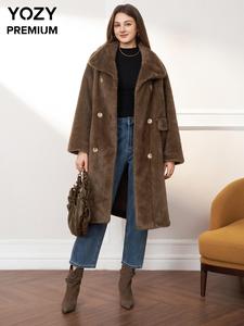 YOZY Women's Solid Double Button Pocket Faux Fur Coat, Casual Long Sleeve Collared Outerwear for Fall & Winter, Women's Clothing for Daily Wear