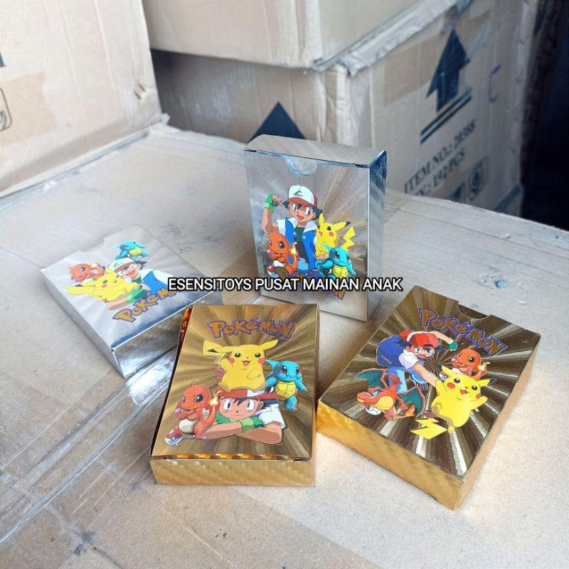 Spesial Promo Kartu Pokemon 55pcs Bahan Metal Emas Silver Bahasa Inggris dengan 1