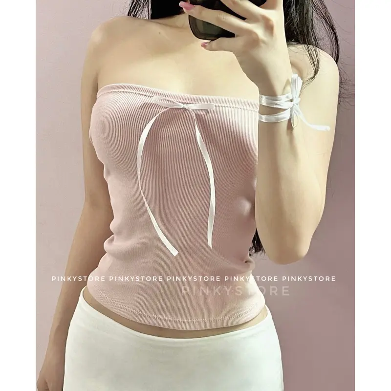 (4 màu_Tặng kèm dây) Áo ống áo quây đính nơ Jennie tube PINKYSTORE