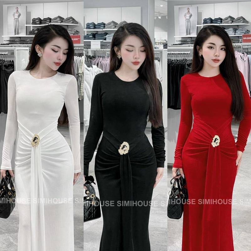 SIMI HOUSE VÁY BODY TAY DÀI NHŨ HÀN CHARM Đầm body thiết kế tiệc thắt eo đính charm sang trọng Nữ Women Dress