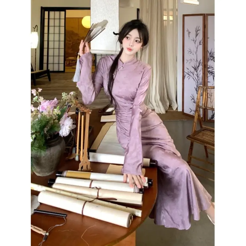 Thời trang nữ，Váy Phong Cách Trung Quốc Cổ Điển Thời Trang, Khóa Chân Đế Cổ Áo, Bộ Sưu Tập Mùa Thu 2024, Sườn Xám Cải Tiến Eo, Thanh Lịch, Váy Dài, Dành Cho Nữ 1