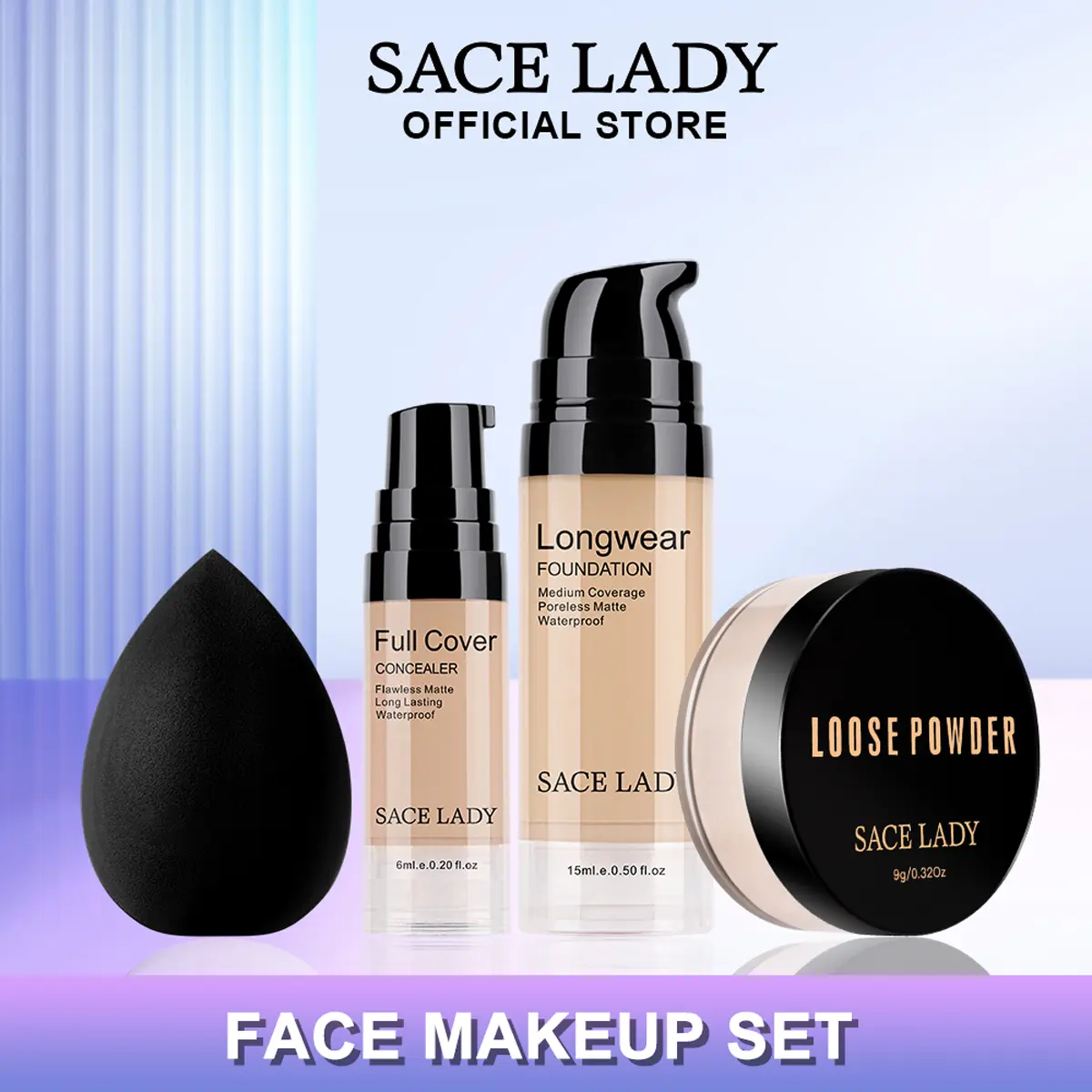 [LIVE] SACE LADY 4pcs Face Makeup Set Liquid Foundation+Full Coverage Concealer+Oil Control Loose Powder+Mini Puff