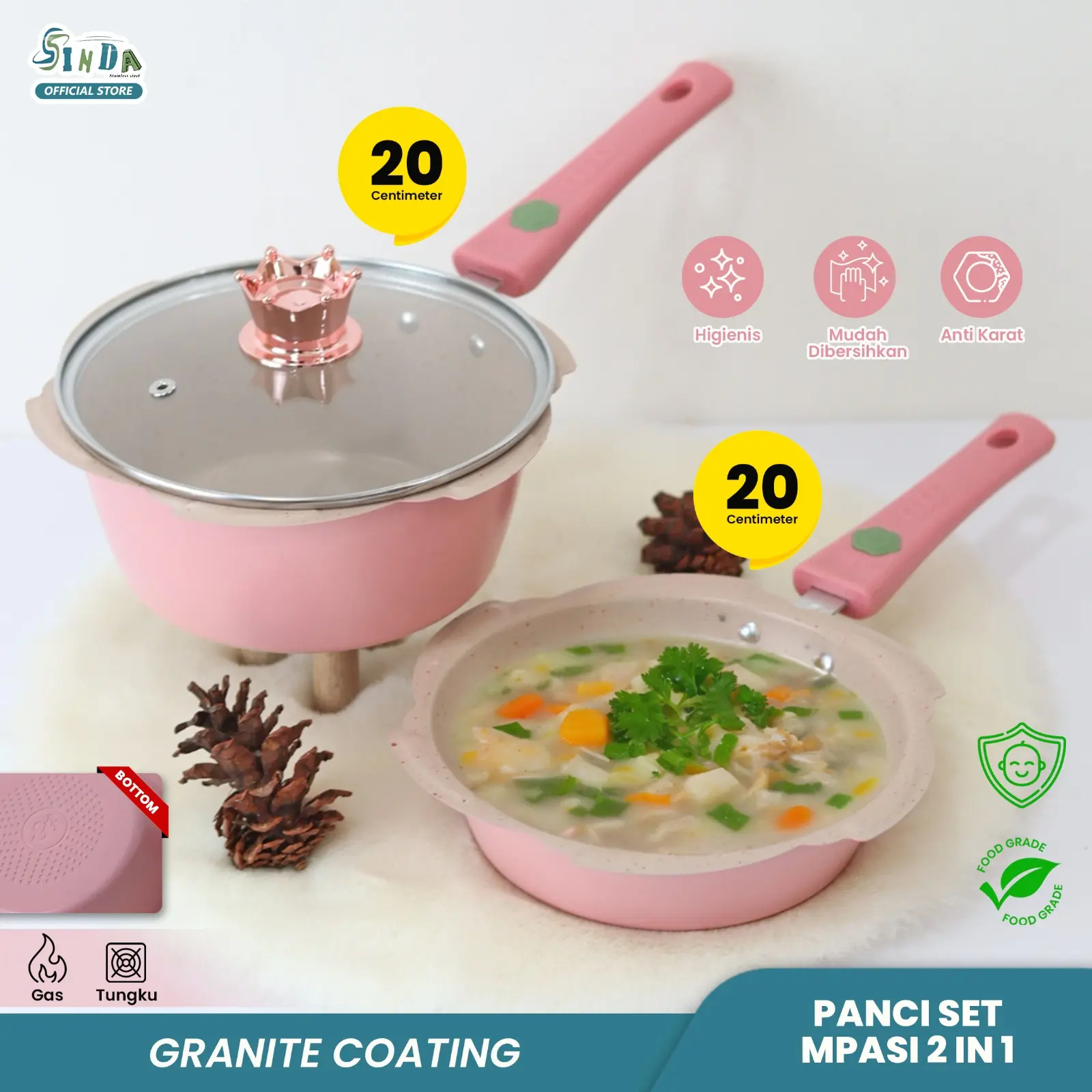 SINDA (COD) Panci Sakura Mpasi Set 2Pcs Alumunium Coating Granite Marbel - Peralatan Panci Bayi Warna Pink ( Kuat ) & Anti Lengket Balita wajan food grade aman Kaca Marble