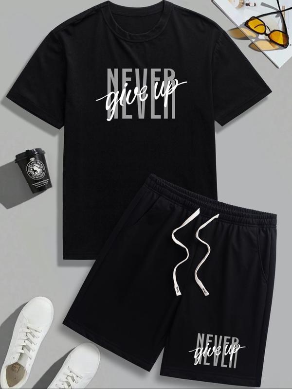 Two-Piece Set Men's Letter Print Tee & Shorts, Regular Fit Round Neck Short Sleeve T-Shirt & Track Shorts, Casual Summer Clothes Set for Outdoor 5