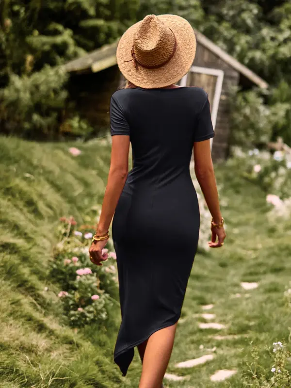 Women's Solid Color Irregular Hem Dress, Elegant Chic Short Sleeve Dress for Summer, Ladies Clothes for Daily Wear 1