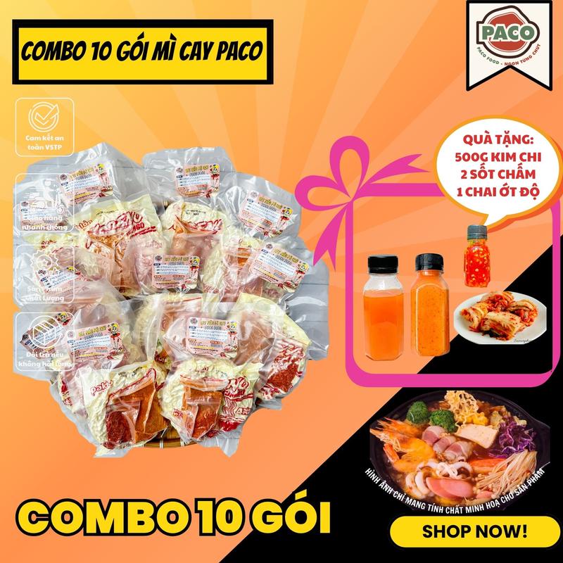 [DEAL LIVE] Combo 10 gói mì cay kèm sốt chấm độc quyền kèm kim chi PACO FOOD, gói súp gia vị độc quyền và 1 chai sốt ớt đỏ và 1 chai ớt độ
