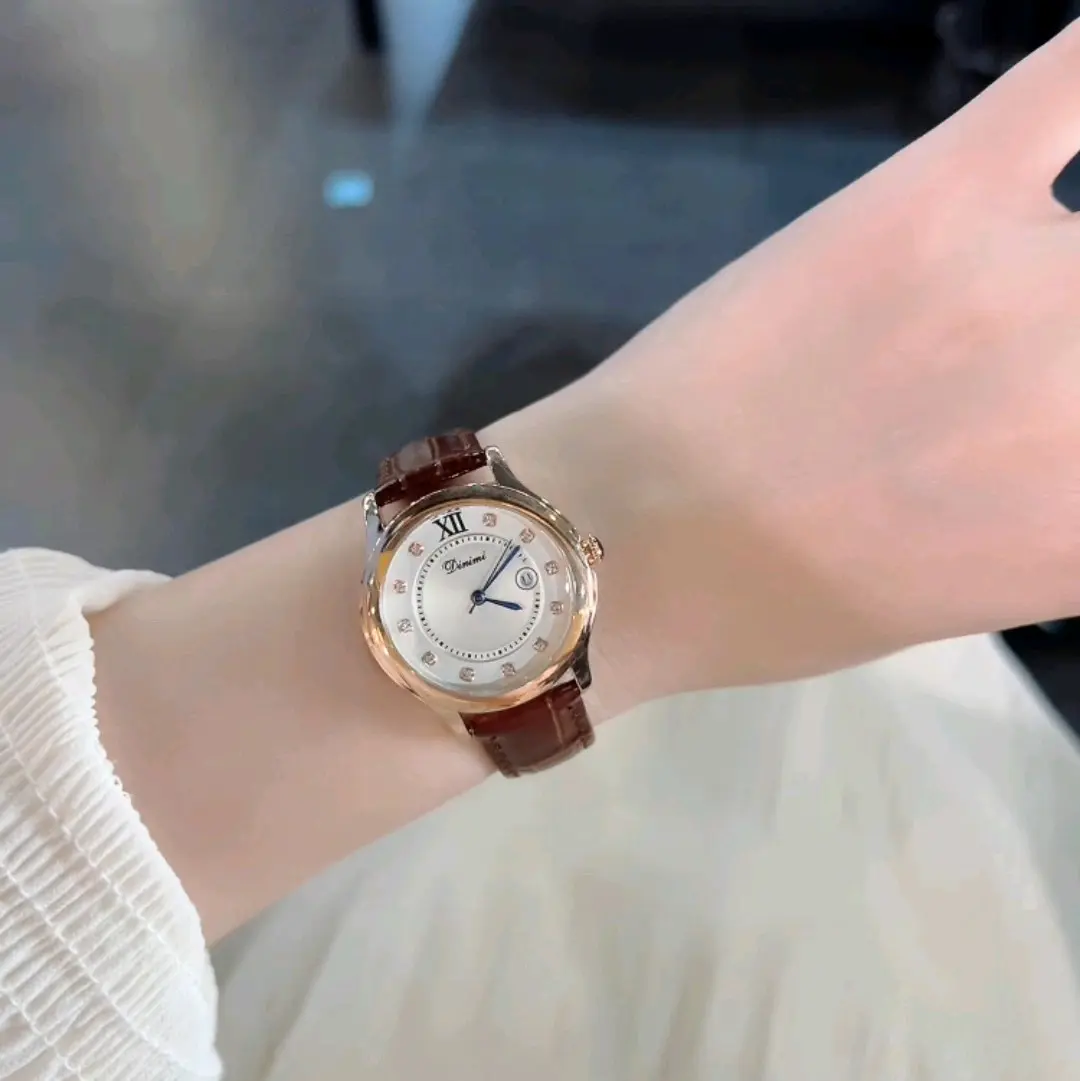 Đồng Hồ Dinimi Khóa Thông Minh Dây Nâu Vân Có Lịch Đeo Tay Watch