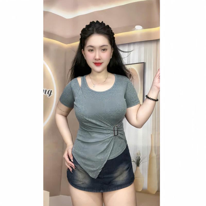 Áo thun nữ vạt nhún xếp ly cài khoen xinh chất thun tăm hack dáng [TN688]