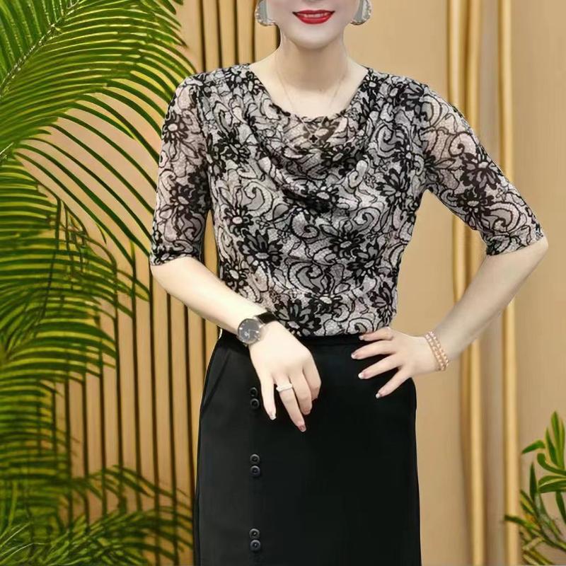 Áo Lớp Nền In Cao Cấp Mùa Hè, Áo Sơ Mi Lưới Co Giãn Phong Cách Phương Tây Của Mẹ, Ngoại Cỡ, Dáng Rộng Vừa Vặn, Có Túi, Cổ Bẻ, Bó Sát, Thanh Lịch, Năm 2024 Nữ Women 3