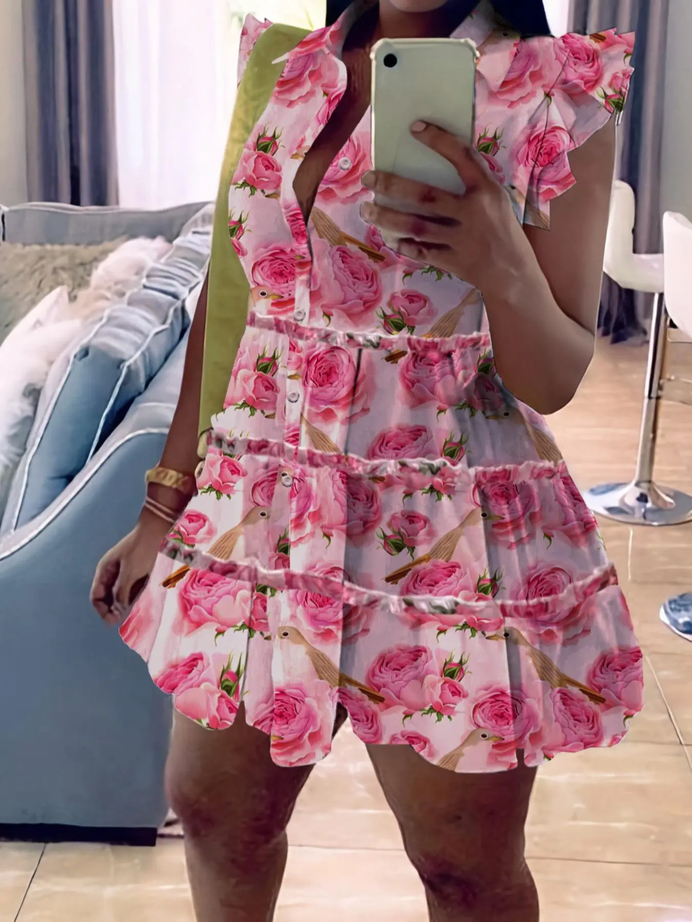 Plus Size Floral Print Button Front Shirt Dress, Elegant Frill Trim Ruffle Layered Sleeve A Line Dress, Women's Clothes for Vacation Holiday Party