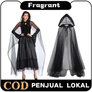 Jubah Cosplay Vampire Hoodie Hitam Polos Kostum Halloween Penyihir untuk Pria dan Wanita