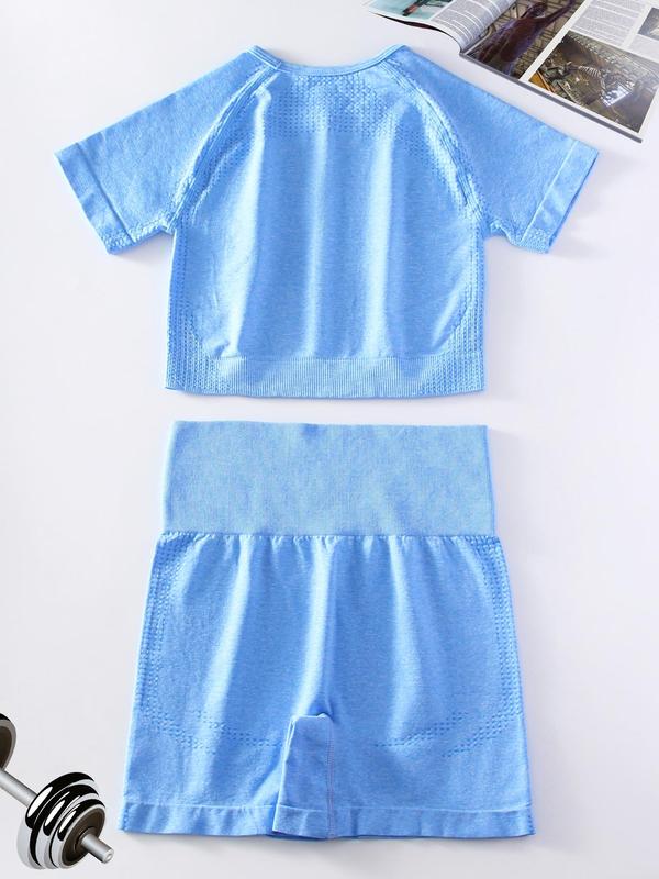 2 Counts Women's Basic Solid Raglan Sleeve Short Sleeve Crop Top & High Waist Shorts Tracksuit Set, Sporty Breathable Outfits for Summer Yoga Workout Running, Chav Sets 7
