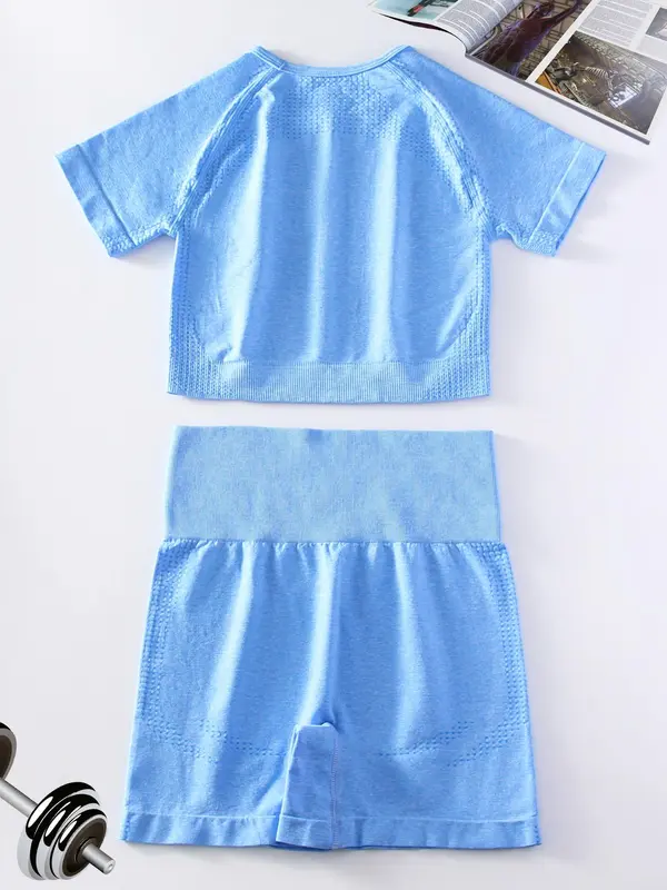 2 Counts Women's Basic Solid Raglan Sleeve Short Sleeve Crop Top & High Waist Shorts Tracksuit Set, Sporty Breathable Outfits for Summer Yoga Workout Running, Chav Sets 8