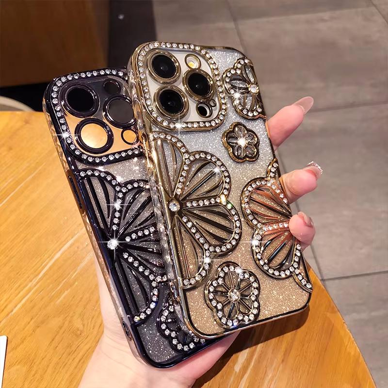 Product Introduction of Luxury Glitter 3D Diamond Flower Phone Case For iPhone 16 15 14 13 12 11 Pro Max Plus Gradient Shockproof Electroplated Cover 9