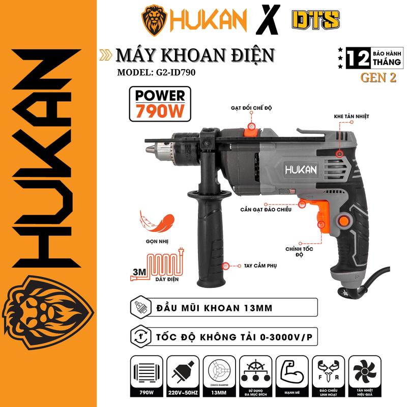 Máy khoan điện đầu kẹp 13mm 790W HUKAN G2-ID790 | Máy khoan đa năng 100% lõi đồng, thích hợp khoan tường, sắt, gạch. Tặng kèm phụ kiện đầy đủ