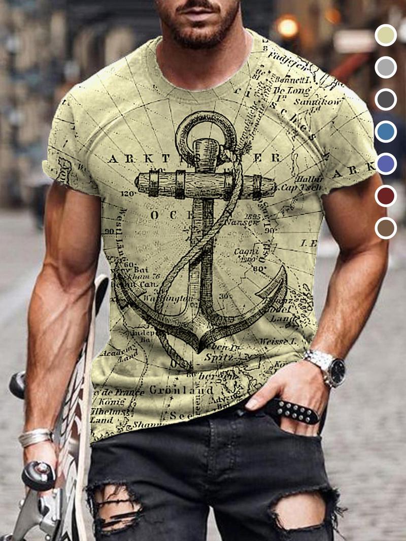 Product Introduction of Men's Letter & Anchor Print Round Neck Tee, Summer Clothes Casual Regular Fit Short Sleeve T-Shirt for Summer, Mens Clothes for Daily Wear 8